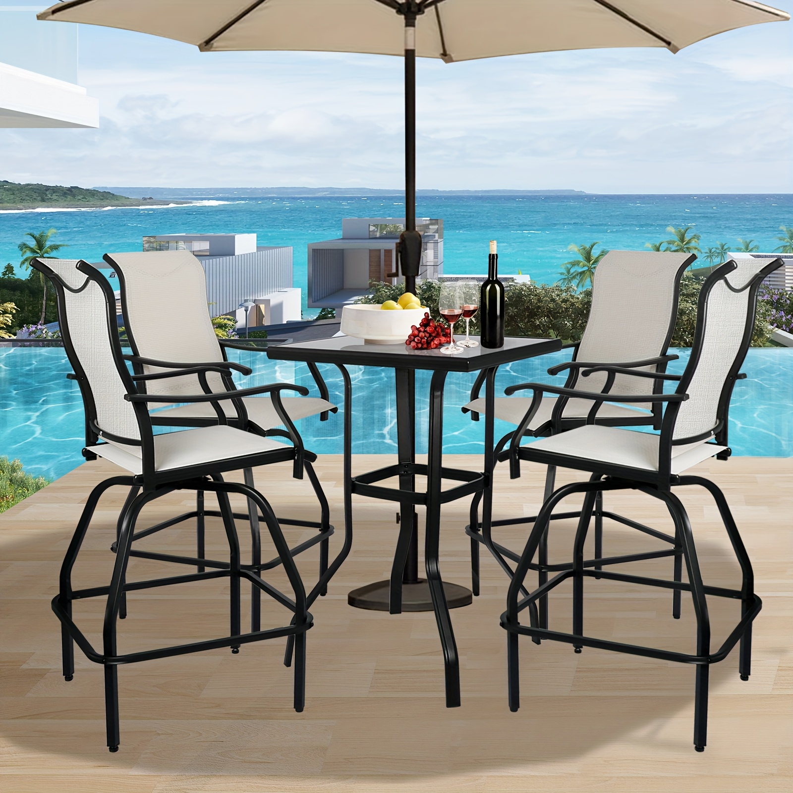 2/3/5pcs Patio Bar Set, 360° Swivel Bar Stools, Outdoor Bistro Furniture with High-Density Textilene Fabric & Heavy Duty Metal Frame, High Top Table And Chair Set for Balcony, Poolside, Garden & Backyard