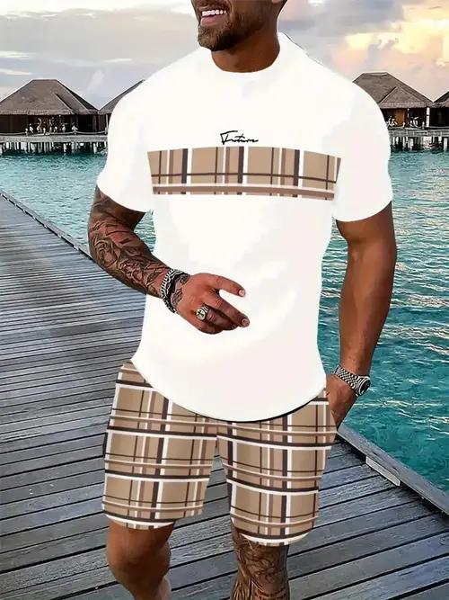 mens 100 cotton geometric print short sleeve shirt elastic round neck casual wear machine washable valentines day gift idea