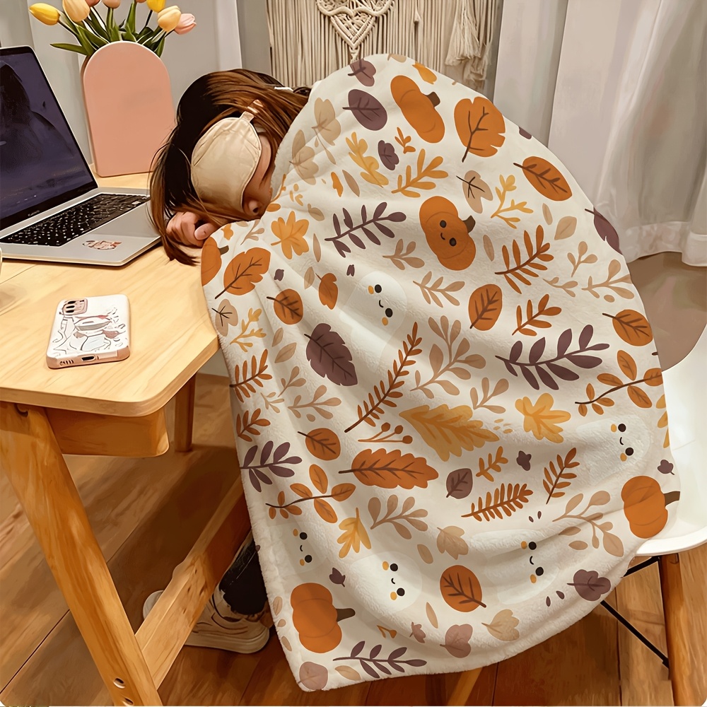 TEMU 1pc Autumn Falling Leaves Cartoon Pumpkin Print Blanket, Fleece Fabric | Soft Comfortable Warm , Halloween Thanksgiving Gift, Soft And