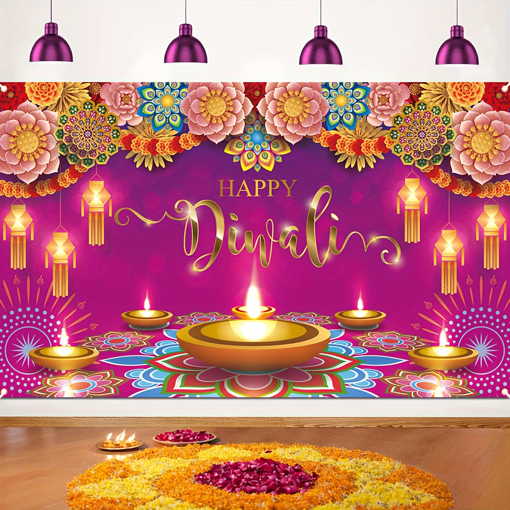 

Diwali Polyester Banner 1pc - Multipurpose Indoor & Outdoor Wall Decoration With Lotus & Lantern Pattern For Festivals, Photo Booth, Birthdays, And Weddings - No Electricity Needed