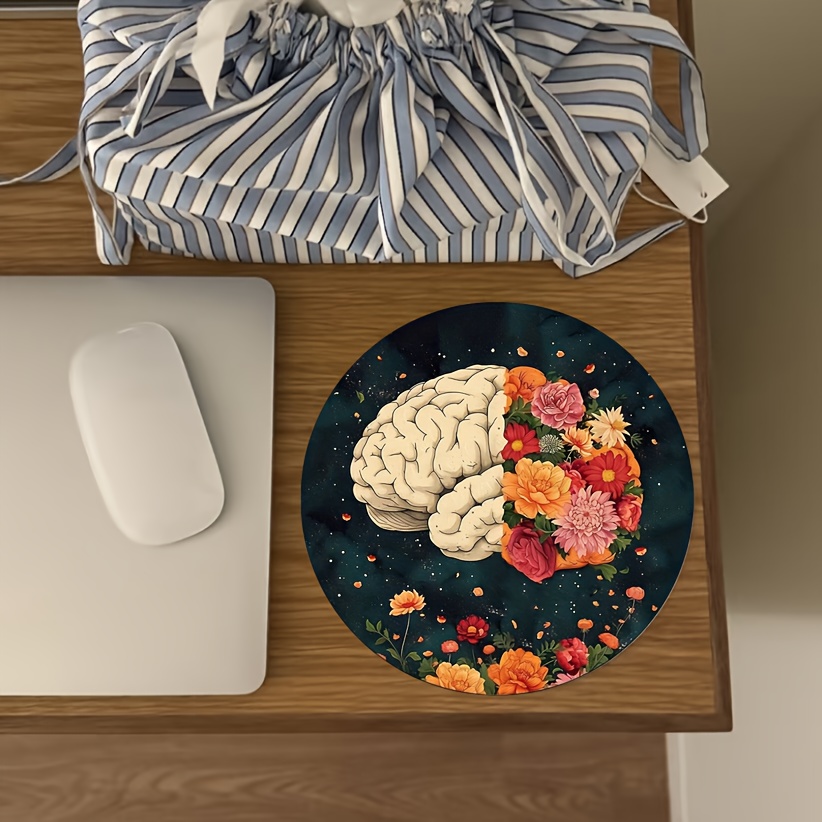 TEMU 1pc Floral Brain Pattern Faux Leather Waterproof Mouse Pad - Creative Scratch-resistant Washable Office Gaming Desk Protector With Cute Design