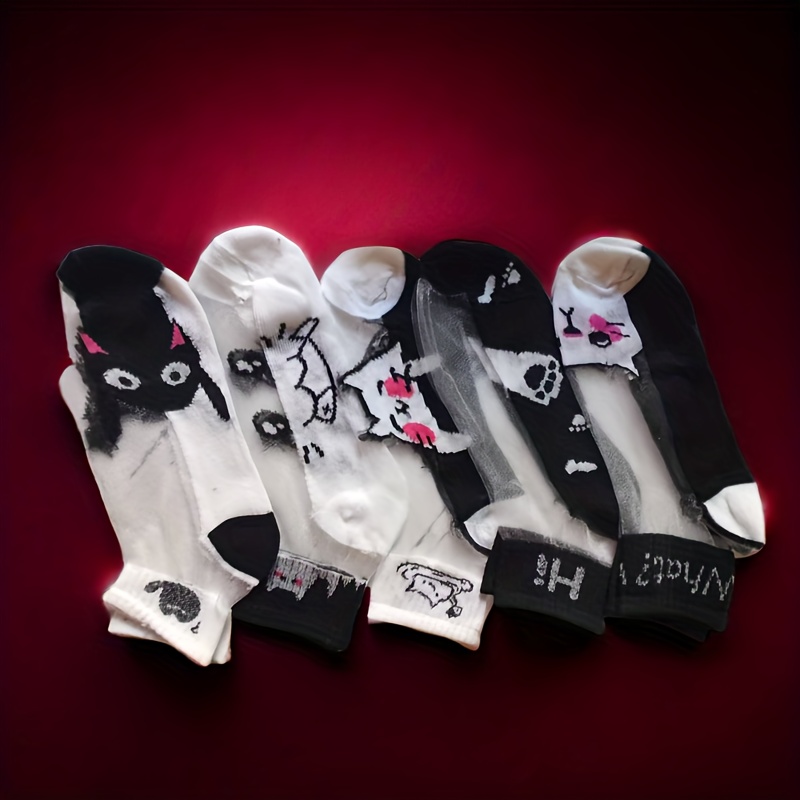 TEMU 5 Pairs Women's Elegant Ankle Socks - Cute Cartoon , , Patterns For Casual & Formal Wear, Cute Socks, Formal Wear Accessories, Comfortable