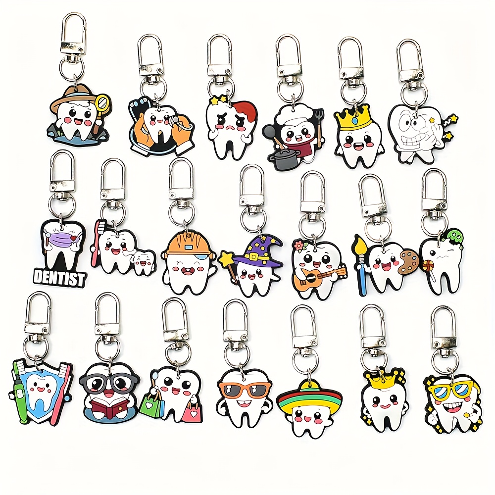 Image of Set Of 20 Plastic Tooth-shaped Keychains, Ideal For Brushing Teeth, Perfect As Purse Or Backpack Decorations, Luggage Charms, And Great For Birthday Party Favors