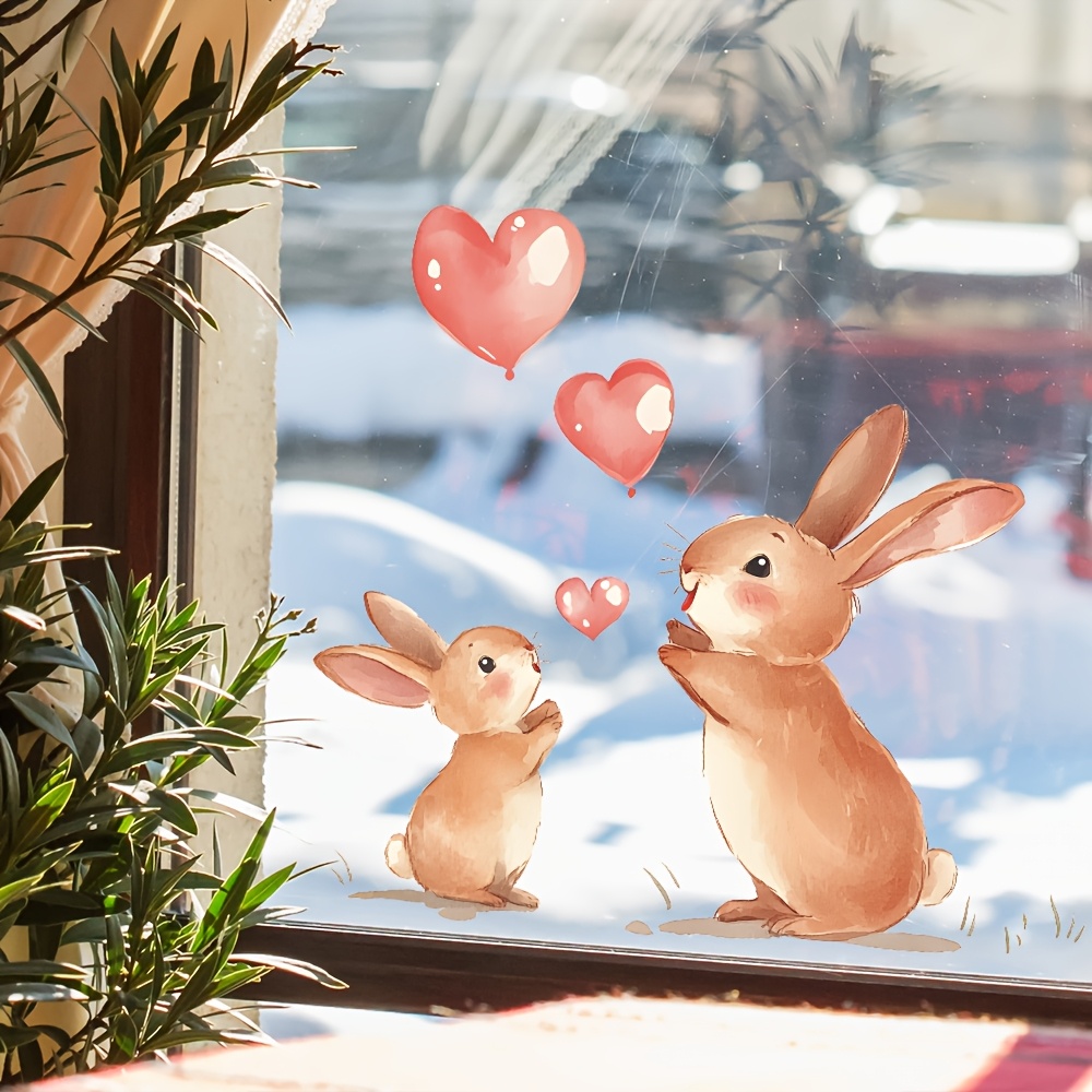 Valentine's Day Decorative Wall Sticker, Window Decal With Animal Bunny And , Uv Self-adhesive Sticker For Bedroom, Bathroom, Kitchen, Window, Glass Door, Removable Decoration, 28x28cm/11x11inch