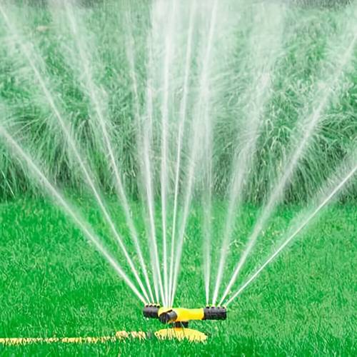 360 rotating garden sprinkler with 3 arm system automatic lawn watering adjustable nozzles durable plastic yellow black for outdoor irrigation sprinklers for lawn