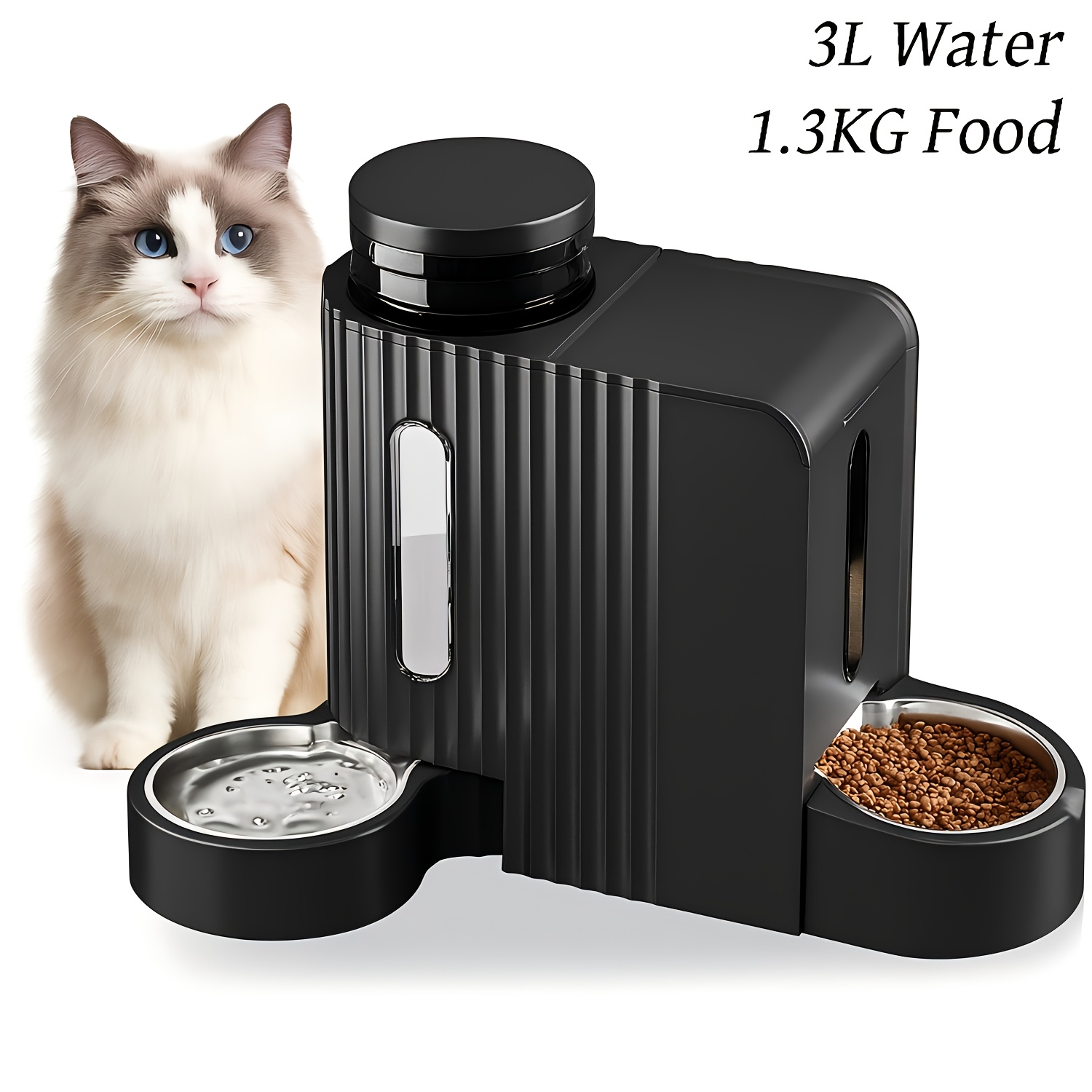 TEMU 3l Automatic Gravity Cat And Dog Feeder And Water Dispenser | Stainless Steel, Large Capacity, Suitable For Medium To Large Pets, Black, Without Battery