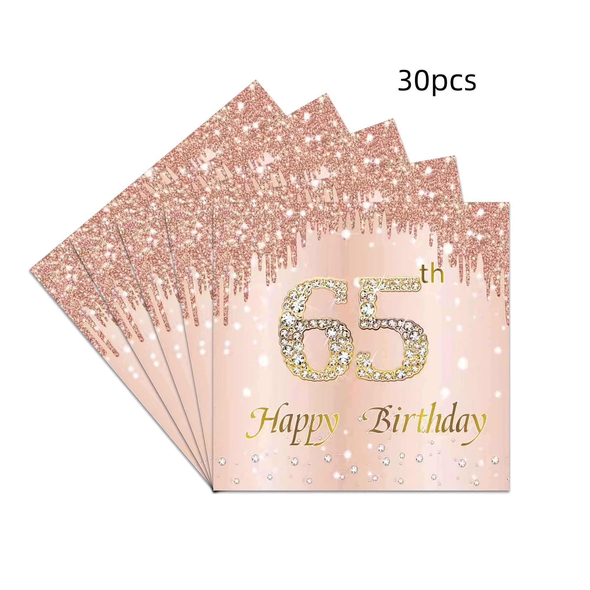Image of 30-pack 65th Birthday Rose Golden And Pink Themed Party Napkins, Pink With Golden Glitter "65" Design Party Tissues, Suitable For Birthday Parties And Anniversary Decorations