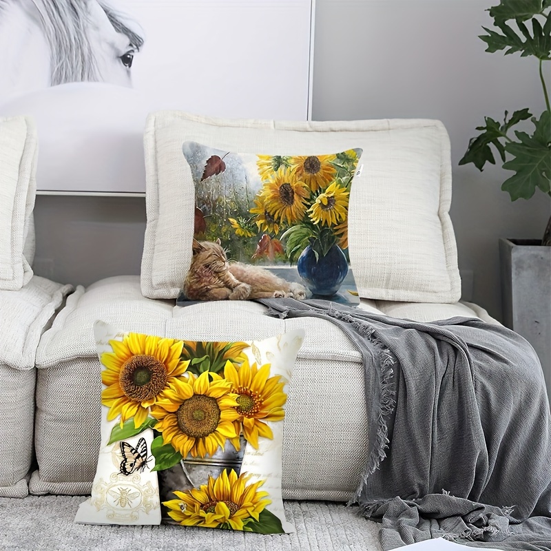 

Set Of 4 Sunflower Print Throw Pillow Covers - Contemporary Style, Zip Closure, Machine Washable, Polyester Cushion Cases For Sofa, Bed, Car & Living Room Decor, 17.71" X 17.71" (inserts Not Included)