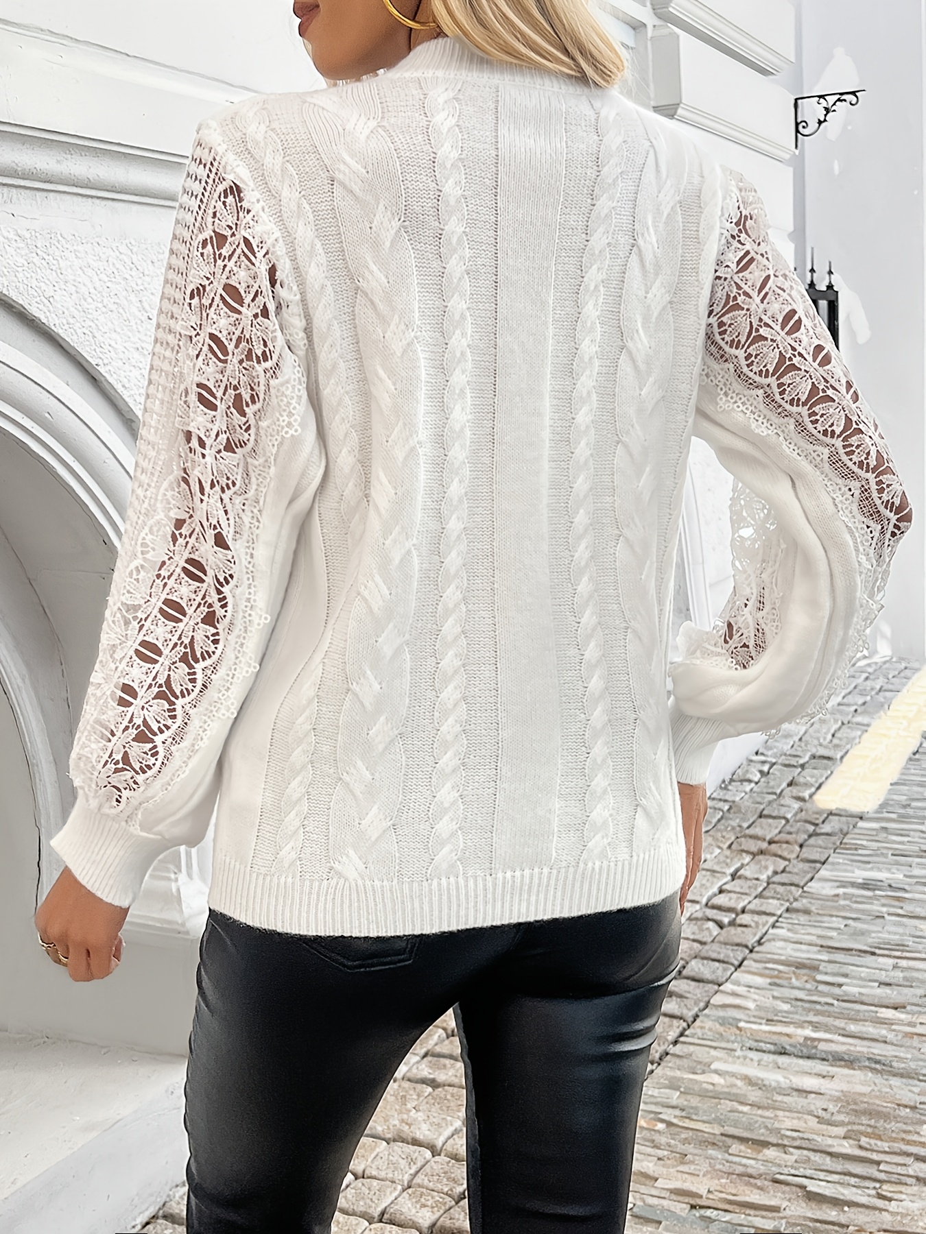 womens elegant sweater with lace detail   collar geometric pattern fall winter style contrast lace design winter sweater lace top   collar top sweater top