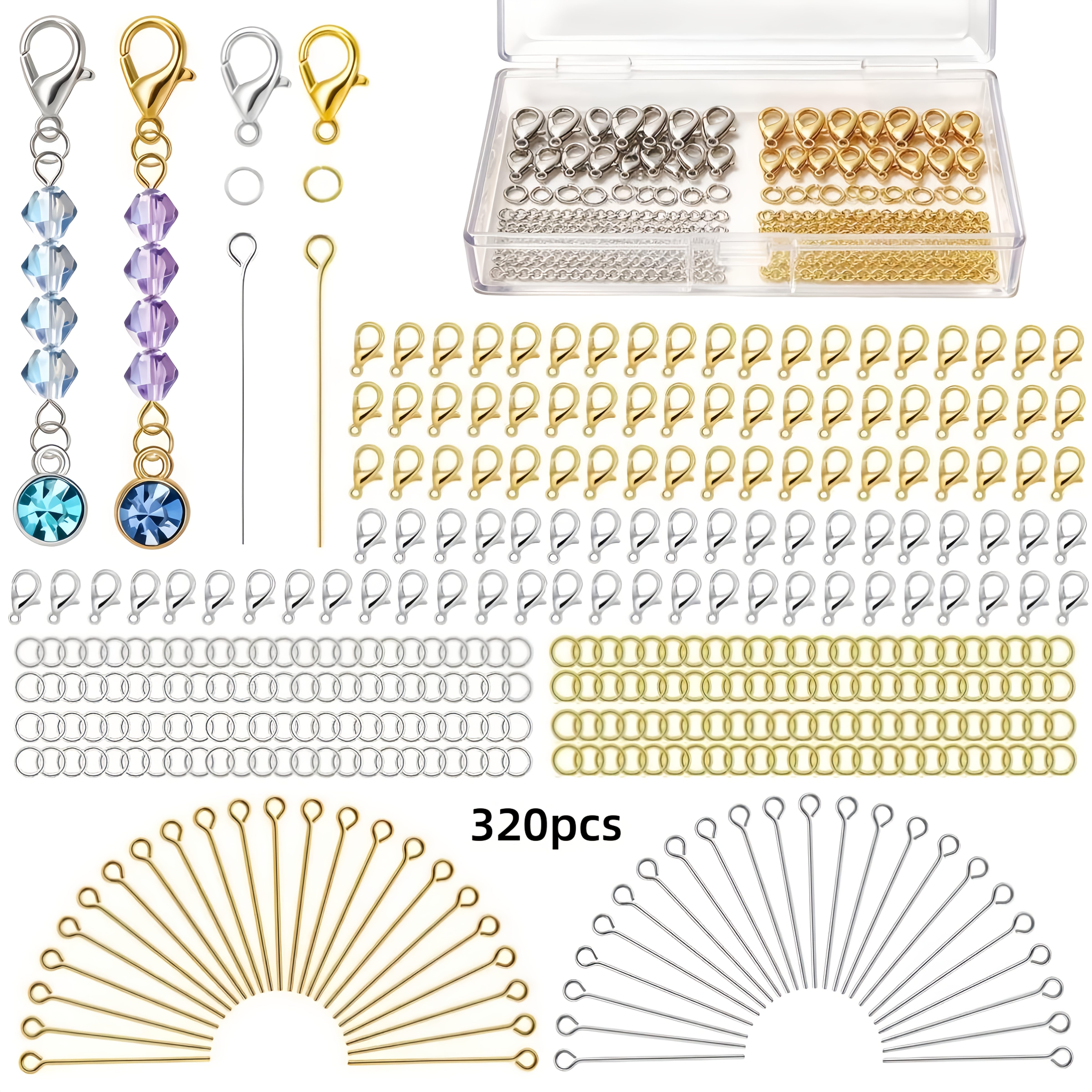 TEMU 1box 320pcs Clasps Eye Pins Open Jump Rings Lobster Clasps Kit | 12mm Golden Silvery Clasps With 5mm Open Rings And 40mm Eye Pins For Keychains,