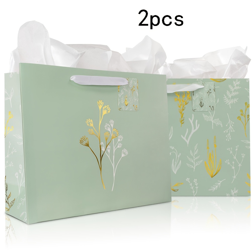 TEMU 2pcs/4pcs, Green Paper Gift Bags With Golden And White Botanical Foil Patterns, Premium Reusable Tote Bags With Satin Handles For Wedding Gifts,