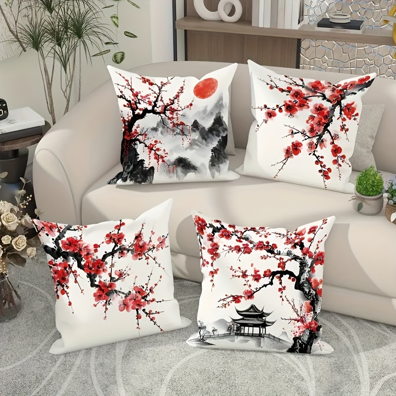 

4-pack Chinese Style Throw Pillow Covers, 18x18 Inches, Red Floral & Mountain Scenery Print, , Zipper Closure, Machine Washable, Polyester, Decor For Living Room & Bedroom - Cushion Covers Only