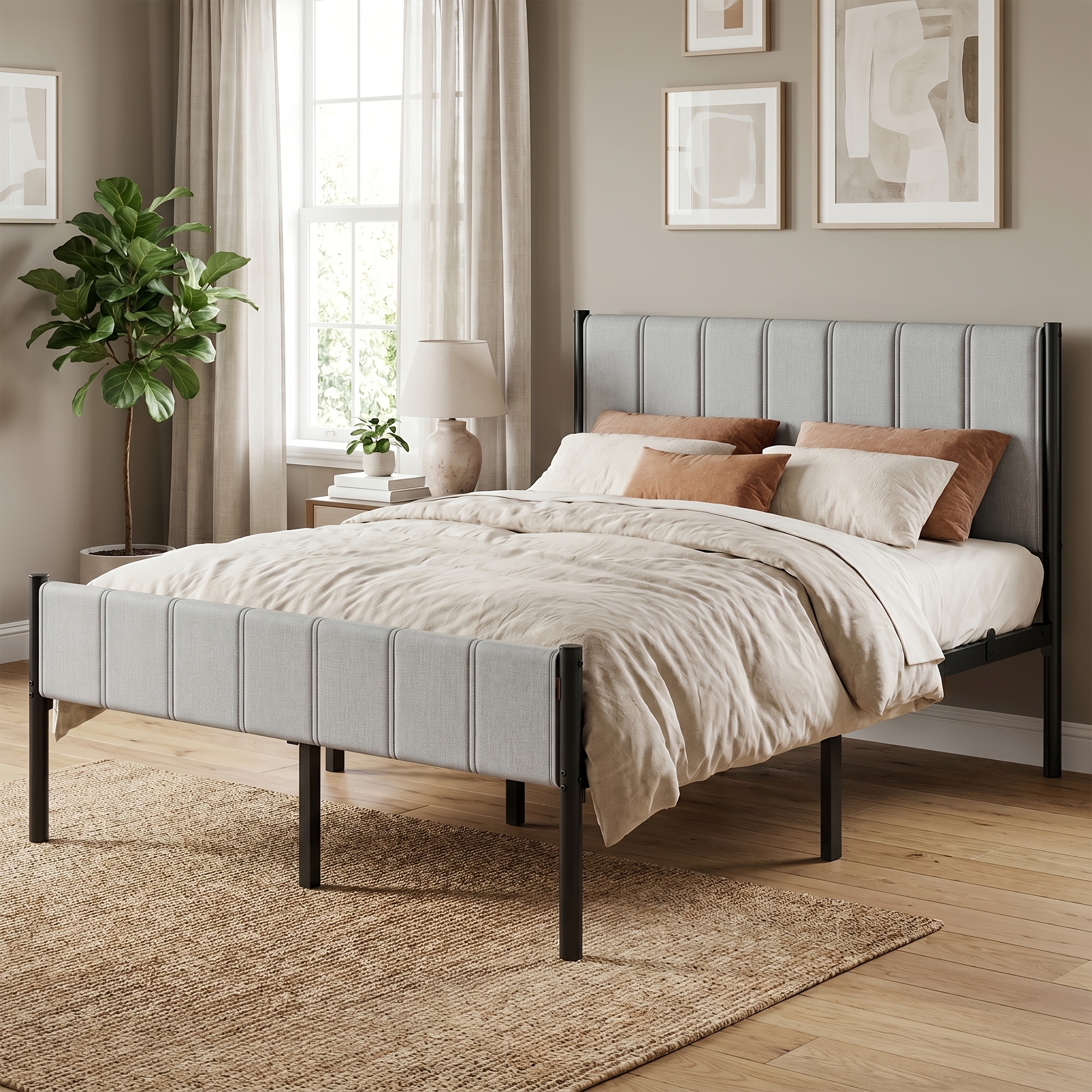 Double Bed, Bed Frame, 140 X 200cm, With Upholstered Headboard, Bed Frame, Steel, Supports Up To 500kg