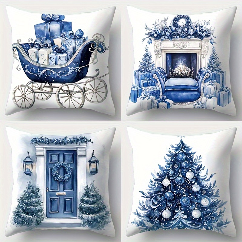 

4-piece Christmas Throw Cushion Covers Set – Contemporary Blue And White With Trees And Sleighs – Soft, Comfortable And Touch Polyester – Zipper Closure – Hand Wash – For Living Room Decor