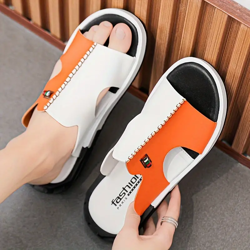 mens color casual slides with microfiber leather casual non slip open toe for indoor outdoor walking spring and summer details 1