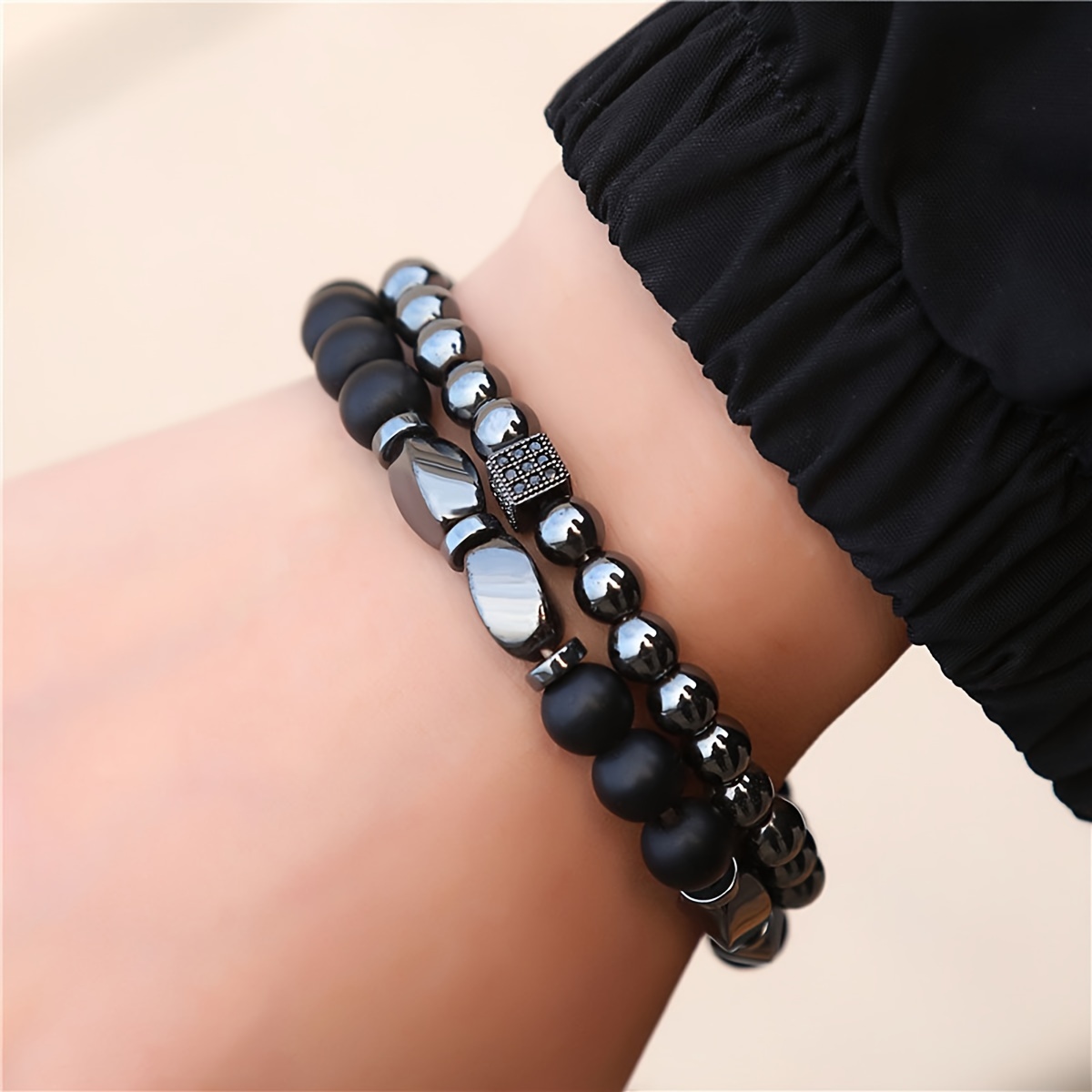Men's Agate Beaded Bracelet Set with Zirconia Stones