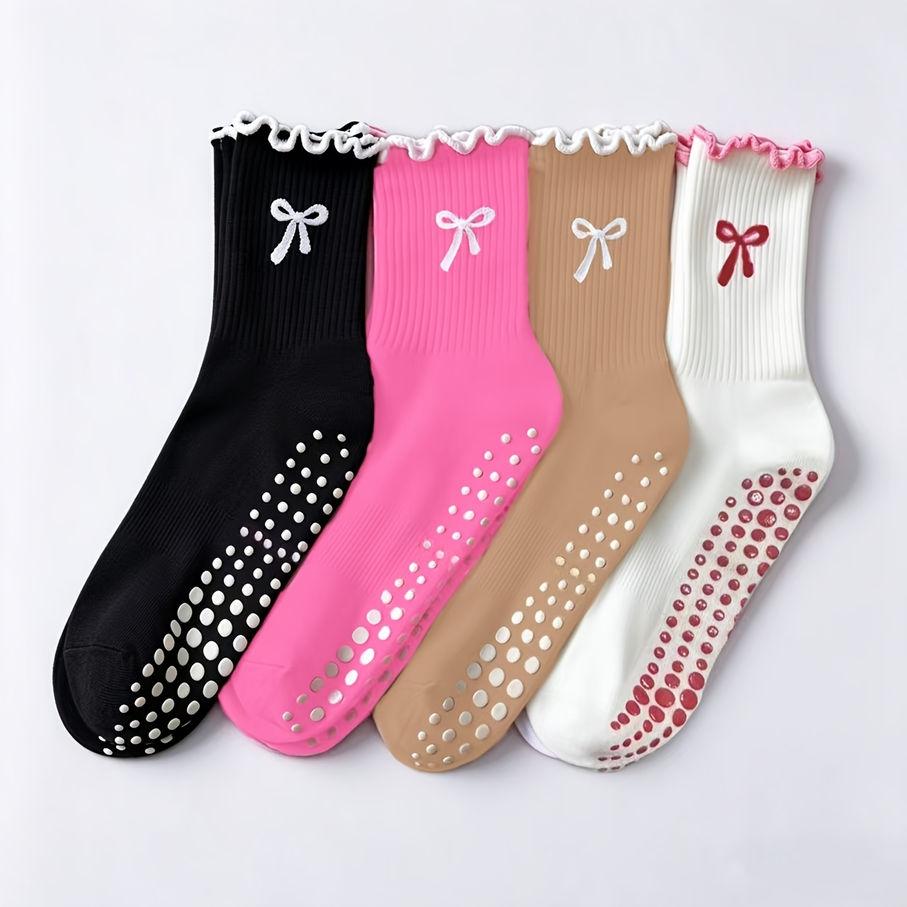 TEMU Mixed Colors - 4 Pairs Women's Sports Socks For Fitness, Yoga, Non-slip Long Tube With Lace Bow Detail, Soft And Comfortable For Running And