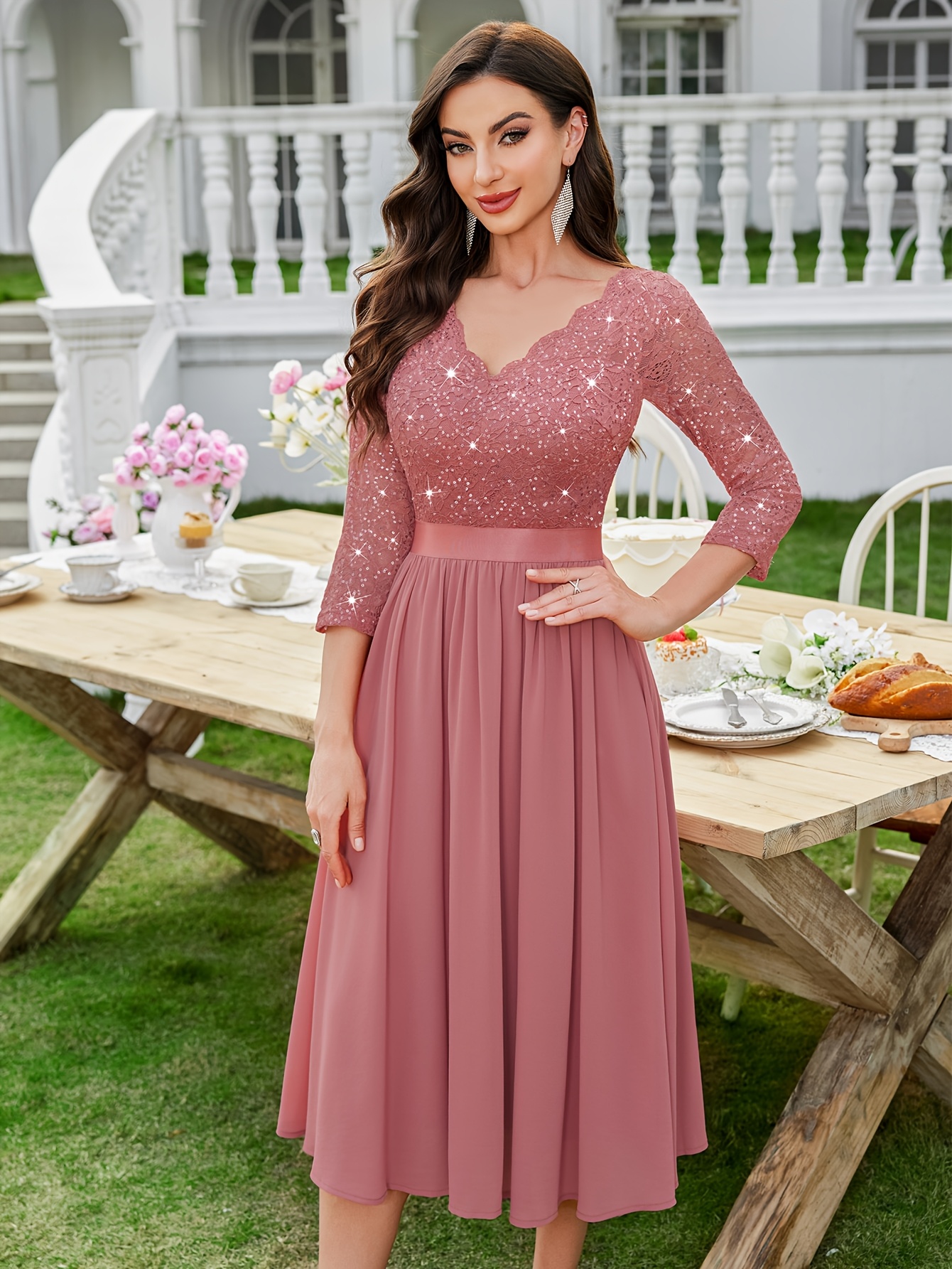New Popular Elegant V-Neck Sequin Floral Lace Ruched Chiffon 3/4 Sleeve  Evening Party Long Dress, for Wedding Guest, Graduation, Dinner