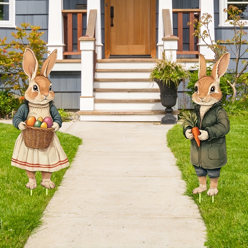 

2pcs Easter Outdoor Decor Set, Large Retro Rabbit & Carrot Eggs Yard Sign With Stakes, Farmhouse Style Lawn Ornaments, Home Party Decoration