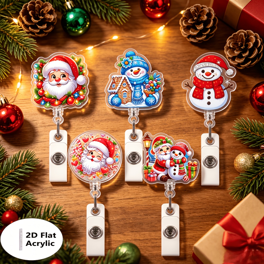 TEMU 2d Flat/5pcs Set/santa Claus And Snowman - Halloween Christmas - Card Holder (360° Rotatable Id Clip) Suitable For Teachers, Students, Doctors,