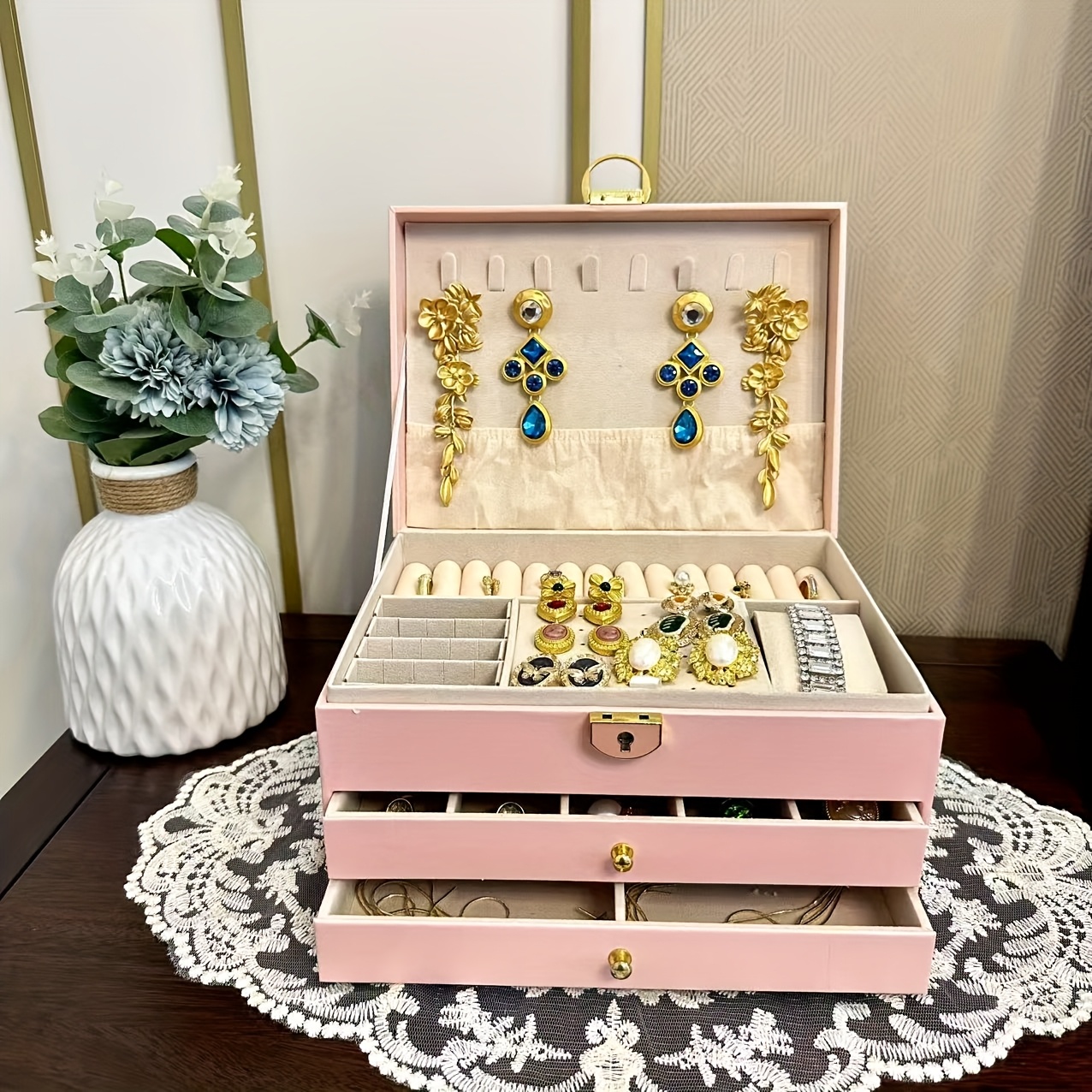 1pc elegant   leather jewelry box with key lock large capacity organizer for earrings rings necklaces bracelets vintage style desktop storage ideal gift for women mothers day present jewelry gift box jewelry boxes Product details 0