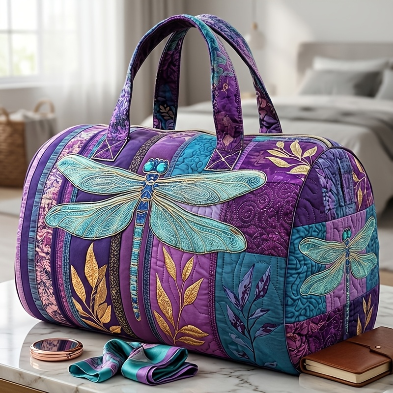 TEMU Women' Boho Garment Duffle Bag - Large Capacity Vintage Purple Dragonfly Travel Luggage, Lightweight Suitable For Short Trips, Gym, Camping, ,