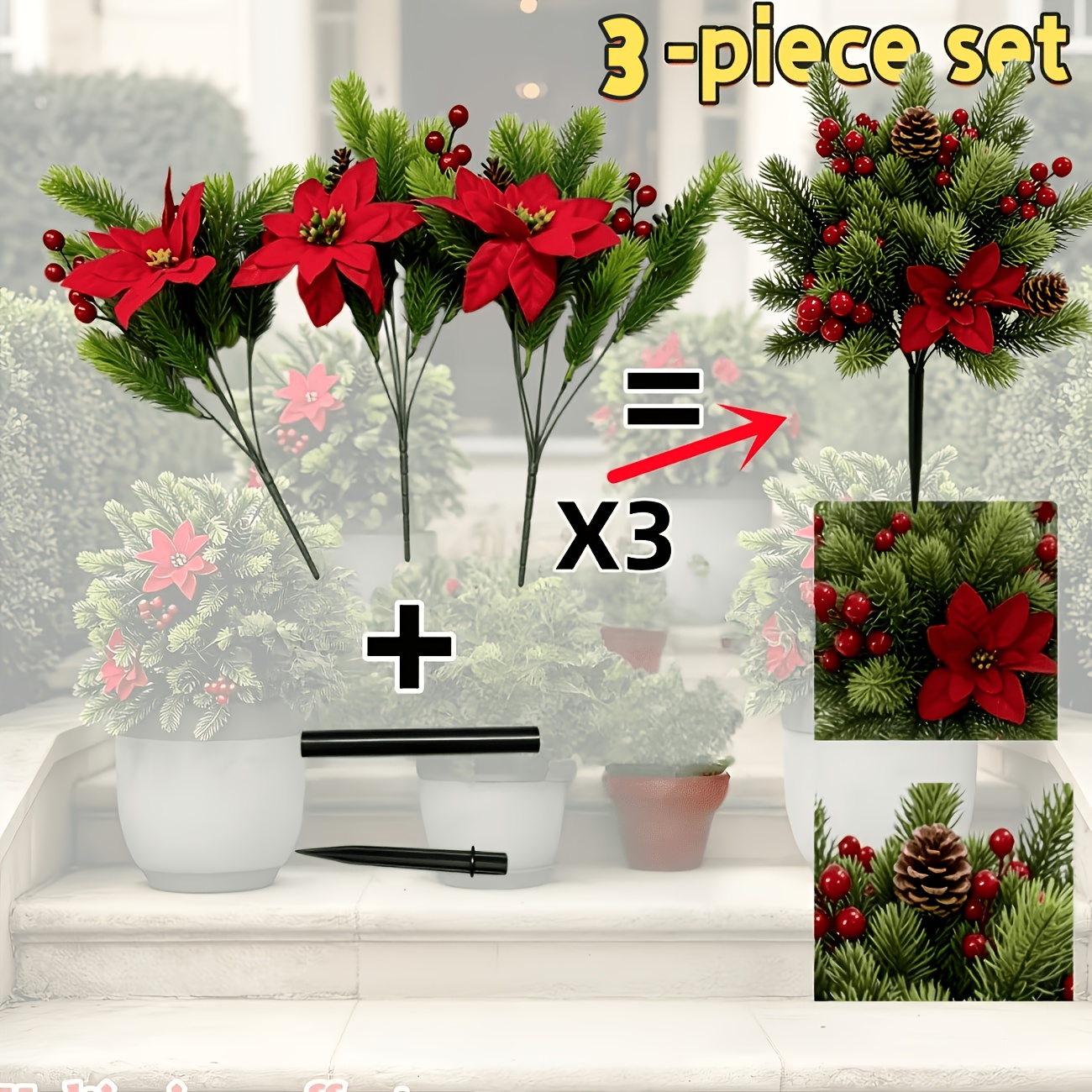 TEMU 3pcs High-end Poinsettia Pine Branch Artificial Flowers With Faux Pine Cones And Berries, Includes - Holiday Artificial Flower Decorations,