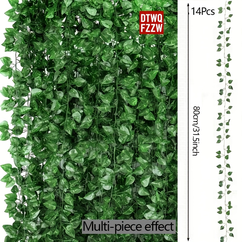 Image of 14pcs, Artificial Ivy Green Garland, Room And Bedroom Wall Decor Hanging Plant Background, Jungle Theme Party And Wedding Decoration With Green Leaves For Dining Area And Hotel Balcony