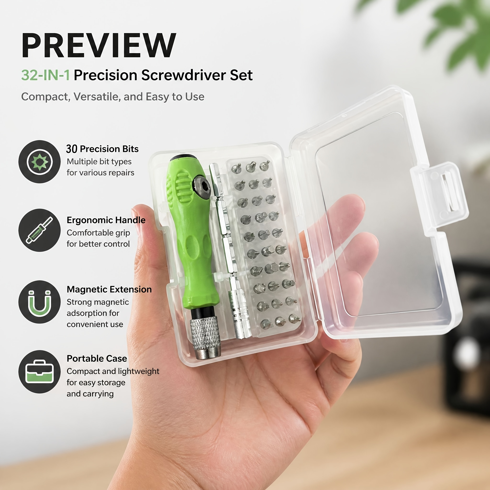 TEMU 32pcs Screwdriver Bit Set, Portable Precision Repair Tool Kit With Anti-slip Green Handle And Transparent Pp Storage Case, Suitable For Home,