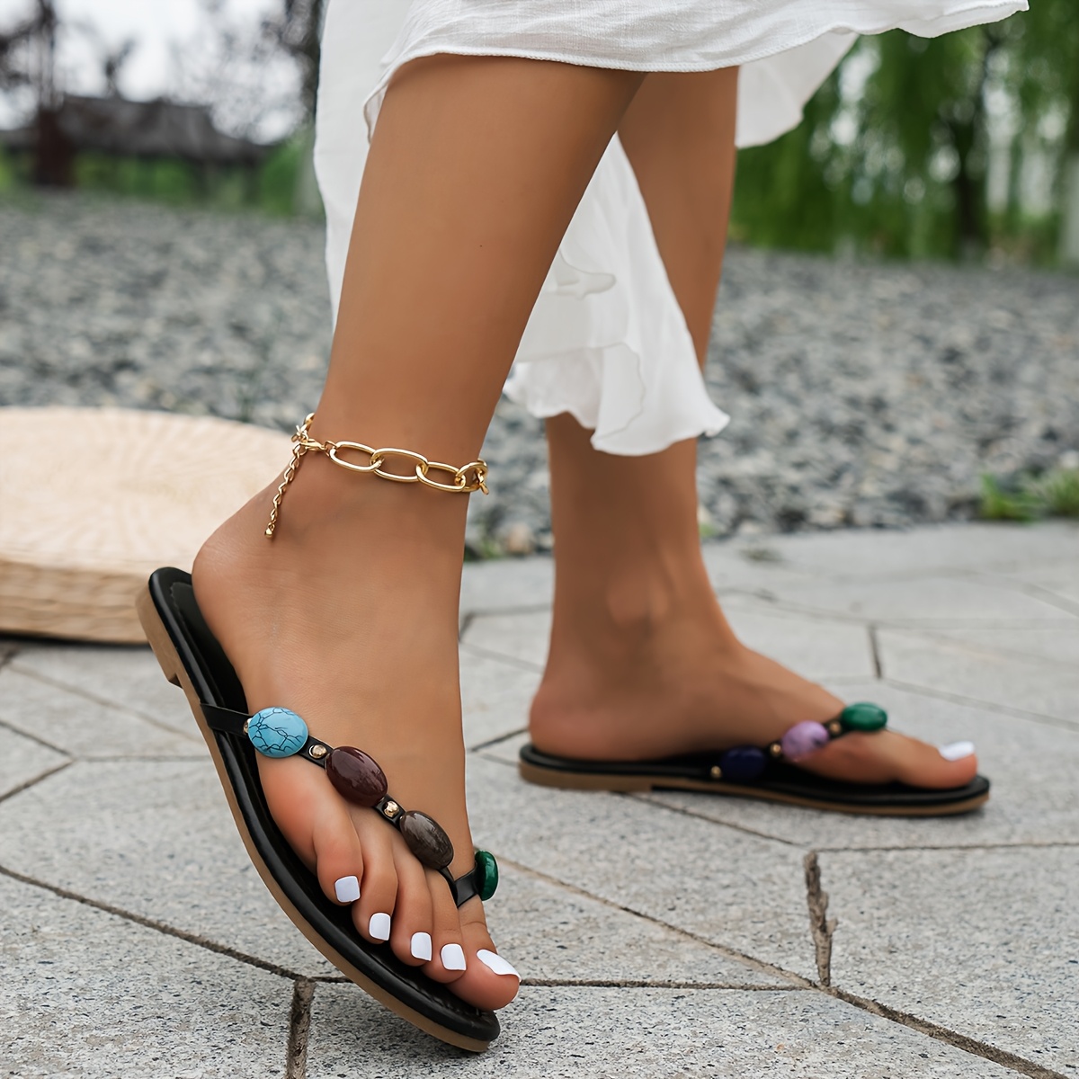 Open Toe Gem Flip Flops Summer Women's Open Toe Sandals Large Size