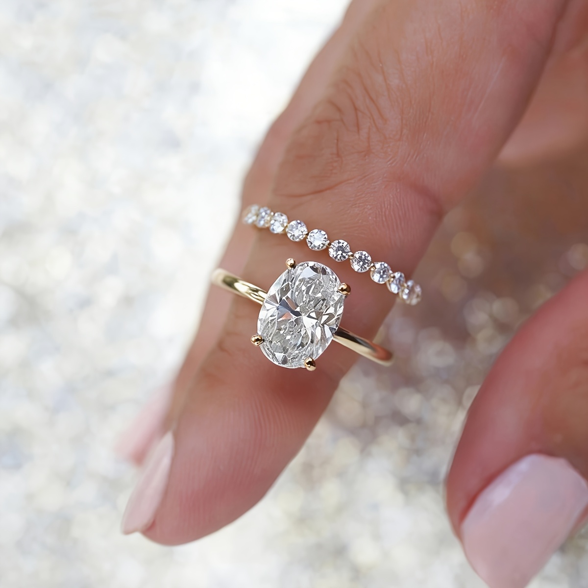 2pc Oval CZ Ring Set, Luxurious Stackable Wedding Bands
