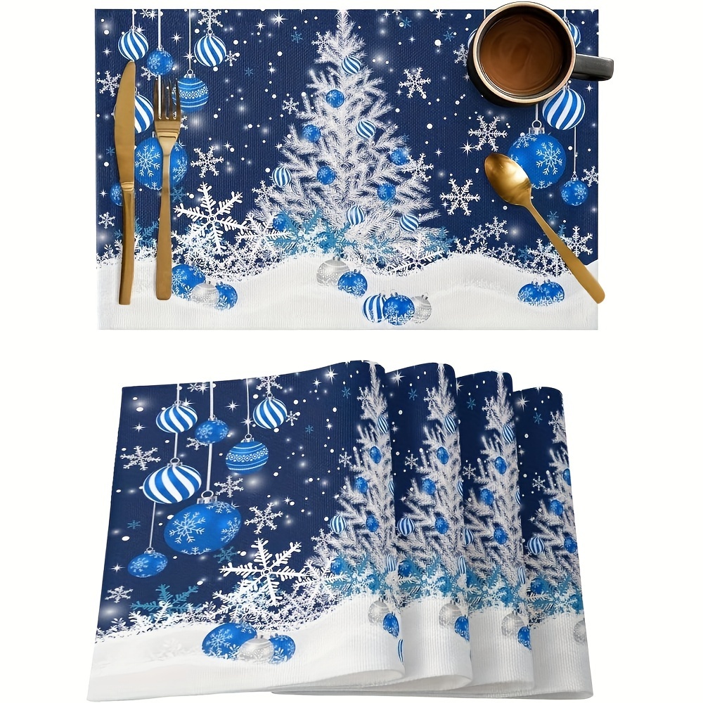 

Christmas Mats Set Of 4, 12x18 Inches, & Blue Ornament Design, Machine Washable Linen Placemats, Woven Rectangle Table Decor For Kitchen, Dining, And Party Decoration