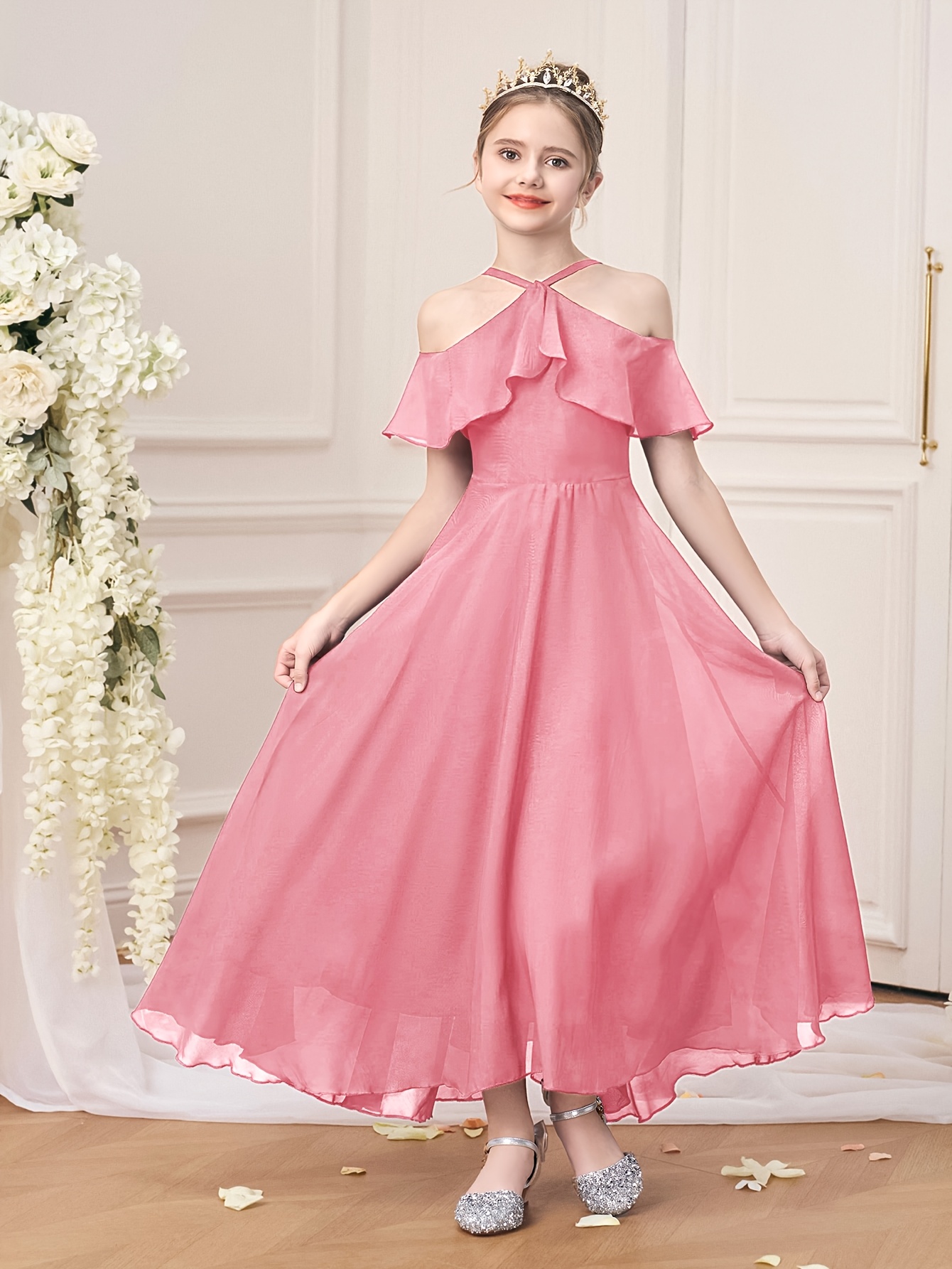 shoulder halter dress ruffle trim flowing long hem birthday - Temu Cyprus