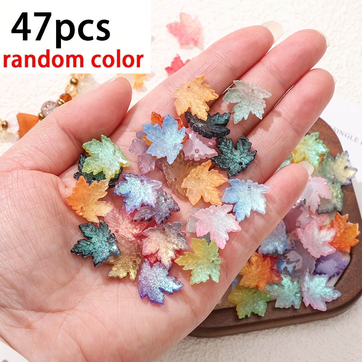 TEMU 47pcs Random Color Glass Leaf Beads, Diy Handmade Jewelry Materials, Maple Leaf Shaped Leaves, Suitable For Making Jewelry, Hair Accessories,