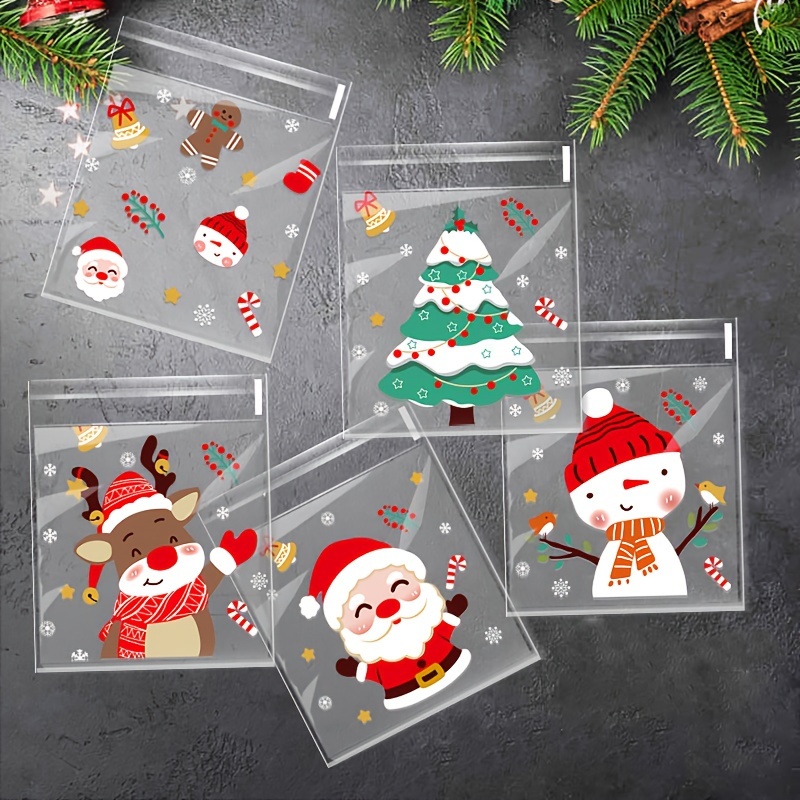 

100pcs Christmas Cellophane Treat Bags With Self-adhesive Sealing - Santa, Snowman, Reindeer, Christmas - Plastic Candy Cookie Bags For Holiday New Year Winter Festive Gifts And Party Favors