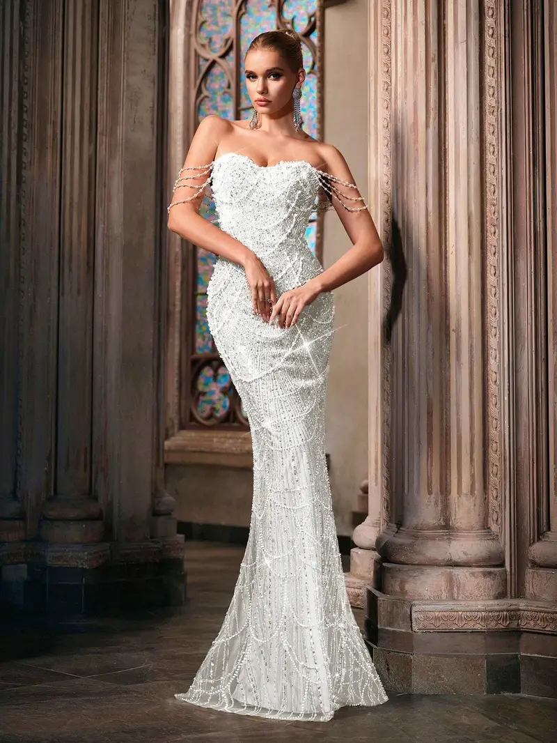 Elegant One-Shoulder Mermaid Gown with Imitation Pearl & Sequin Embellishments - Long Formal Dress for Women * Weddings * and Special Occasions, Wedding Guest Attire | Sophisticated * Elegant One-Shoulder Mermaid Gown with Imitation Pearl & Sequin Embellishments - Long Formal Dress for Women * Weddings * and Special Occasions, Wedding Guest Attire | Sophisticated *