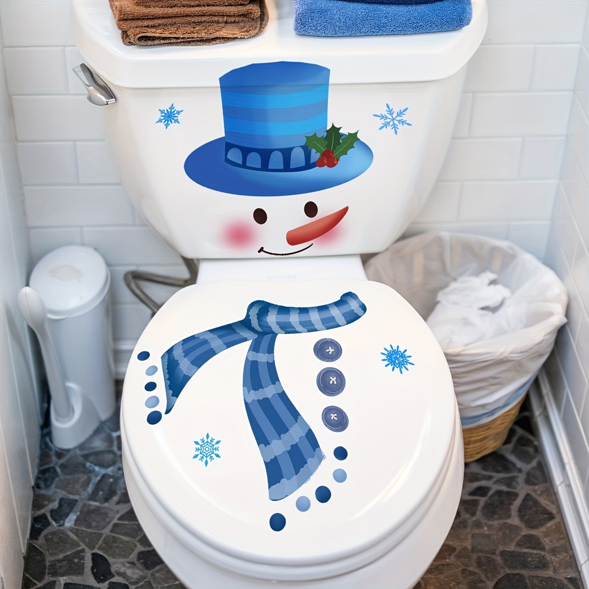 

Christmas Snowman Scarf Toilet Lid Cover Decal - Self-adhesive Plastic Wall Sticker For Bathroom Decor, Single Use, Pvc Material, 30x40cm (m16012-yj)