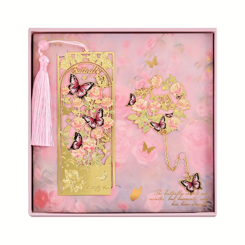 E-shop 2 Stück Schmetterlings-Lesezeichen mit Metallkette, Vintage Goldene Hohl-Lesezeichen Set, Geburtstags- und Weihnachtsgeschenke, Planer-Zubehör