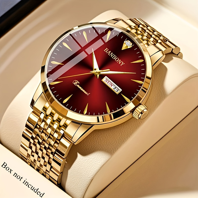Image of New Banbony Unisex Stainless Steel Quartz Watch With Rhinestone Accents, Water-resistant Ipx7, Sleek Hd Dial, Date Display, Golden-tone Finish - Ideal For Casual Wear, Parties, And Gifts