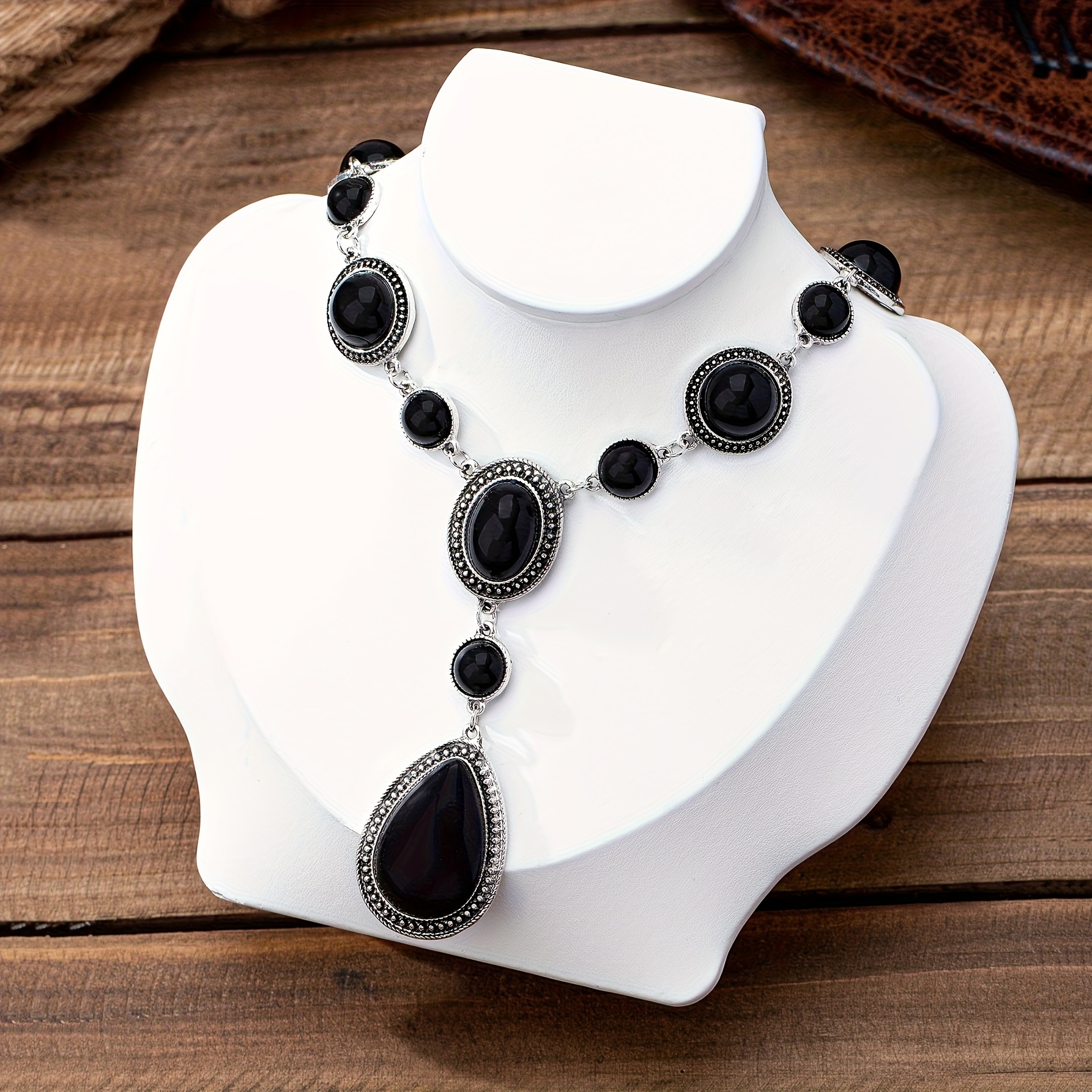 Image of A Long, Stylish Women's Pendant Necklace With A Bohemian Water Drop-shaped Turquoise Oval Geometric , Perfect For Sweaters