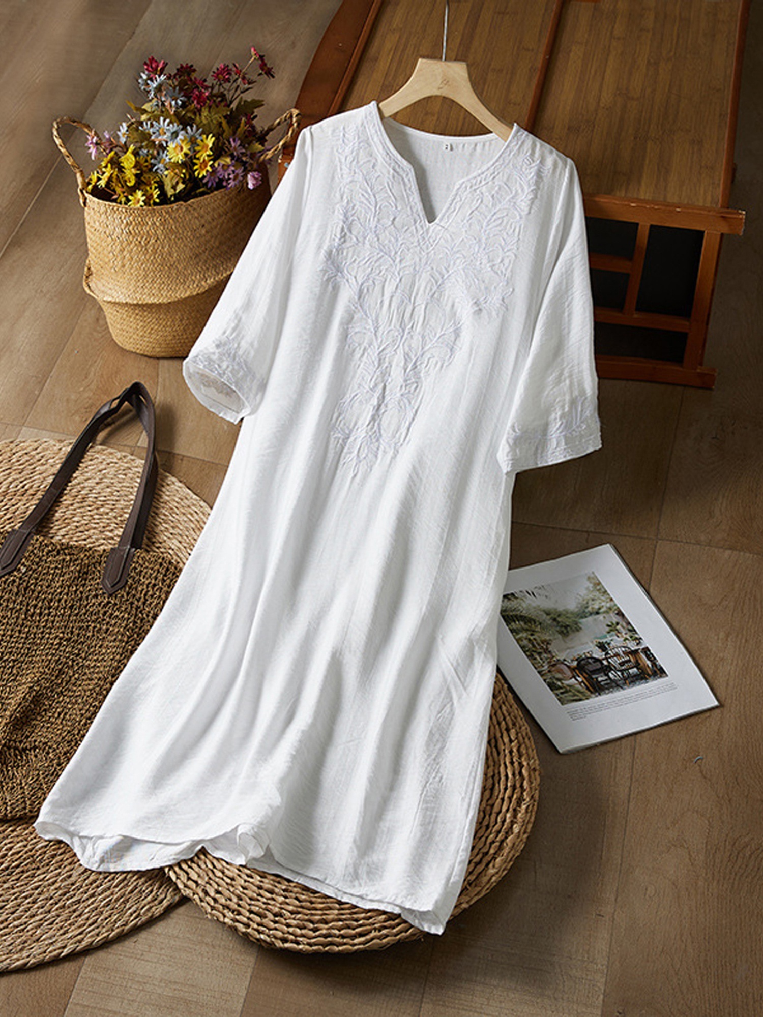 ladies lightweight summer dresses womens dress v neck 3 4 sleeve loose Orange homecoming dresses