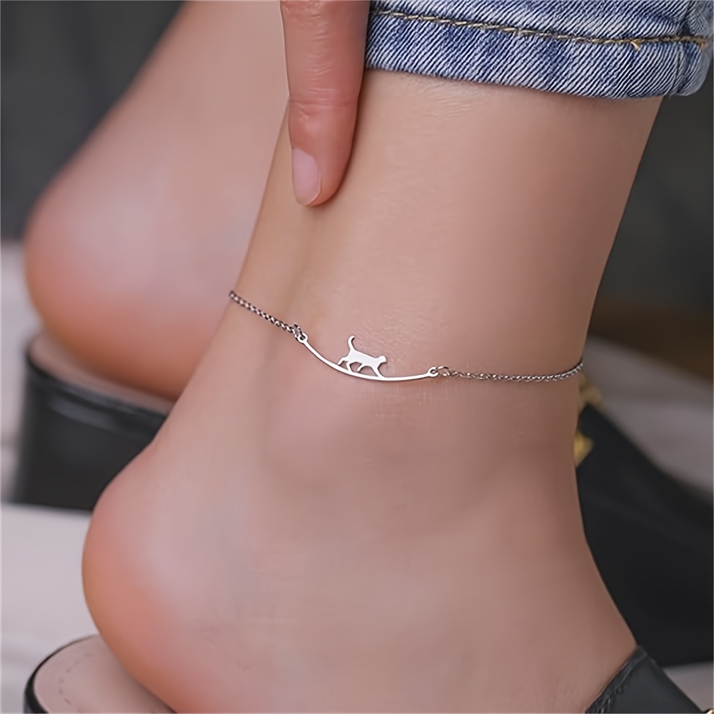 Image of 1pc 201 Stainless Steel Cat Anklet, Adjustable Ankle Bracelet Jewelry, Summer Beach Cute Animal Anklet, Christmas Gift