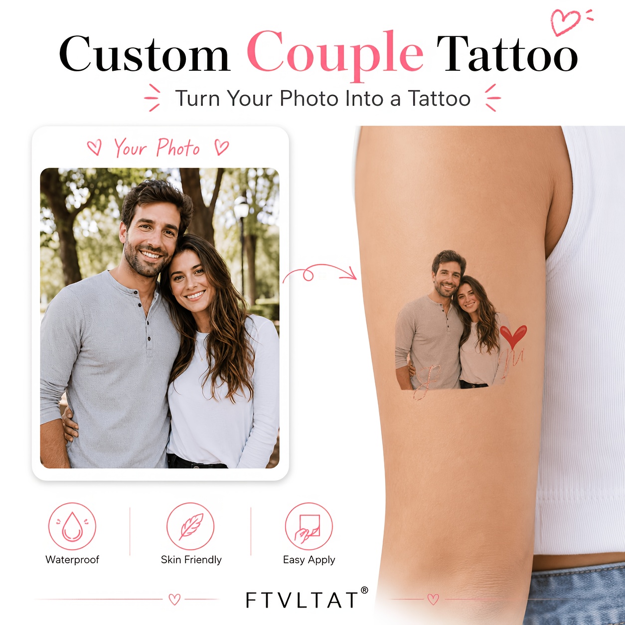 TEMU 20 Sheets Ftvltat Custom Couple Photo Temporary Tattoos, Personalized Heart Waterproof Fake Tattoo Stickers, Valentine's Day Anniversary Wedding