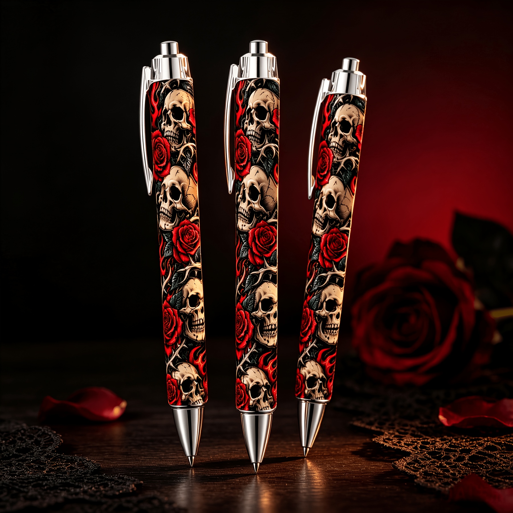 TEMU 3pcs Set Gothic Rose Retractable, Black Ink Smooth Writing Cool Pens: Suitable For School Office Supplies Aesthetic Gifts