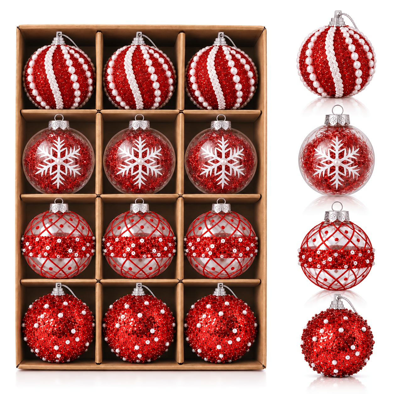 TEMU 12pcs 3.15in Ball Ornaments, 4 Styles Glitter Pearl Snowflake Hanging Baubles, Elegant Sweet Christmas Decorations For Holiday Party, Wedding,