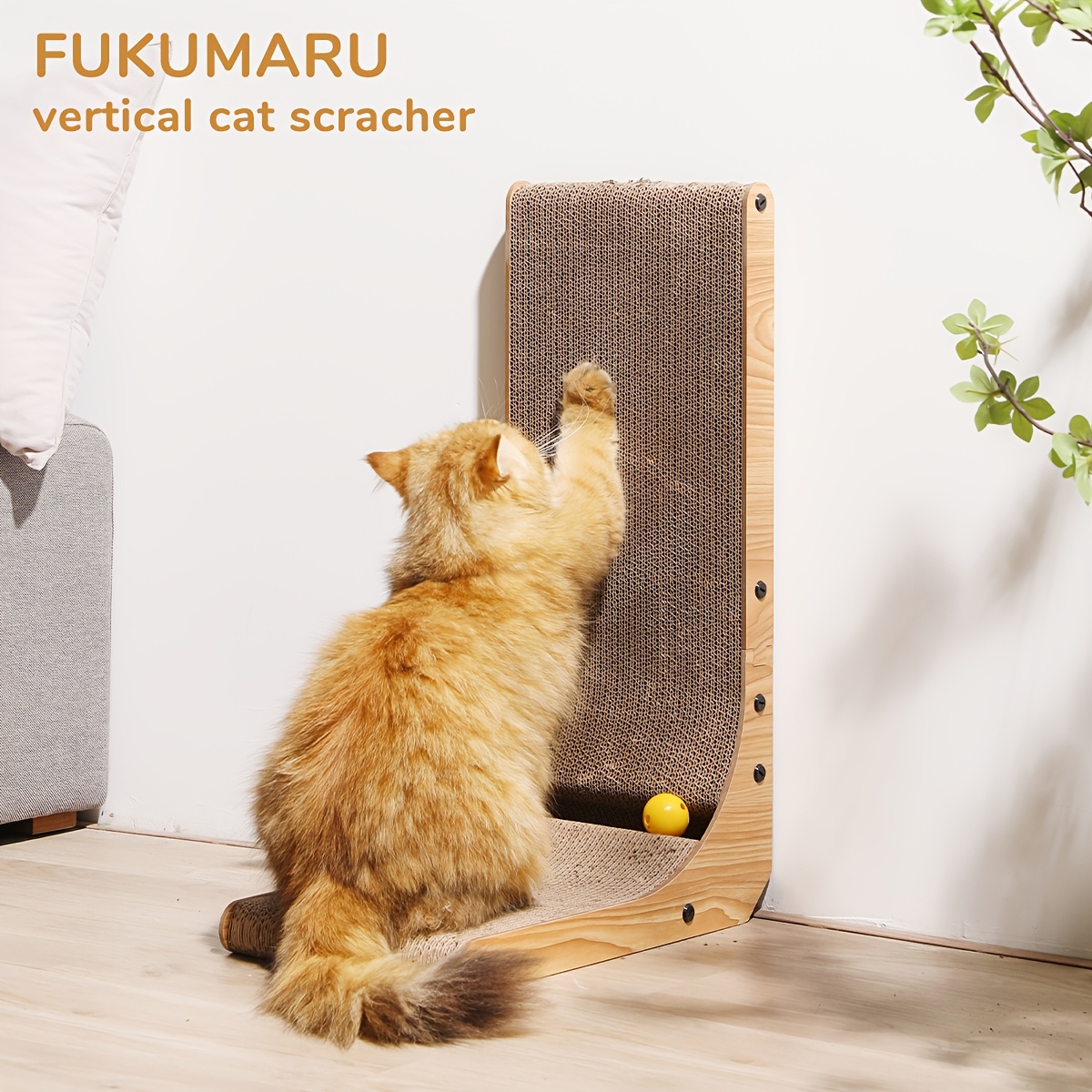 

Fukumaru L-shaped Vertical Cat Scratcher With Ball Toy - Wall-mounted Cardboard Pad For Indoor Cats And Kittens