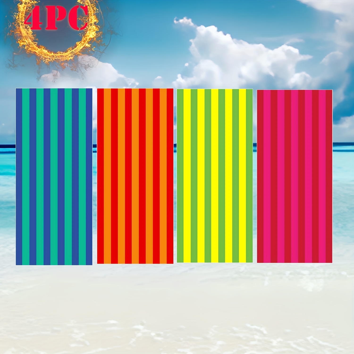 E-shop 4er-Pack übergroße 71x31,5 Zoll Streifen Strandtücher, dünnes Terry-Set, extra groß, XL, Super-Additionen, Essentials, weich, super saugfähig,