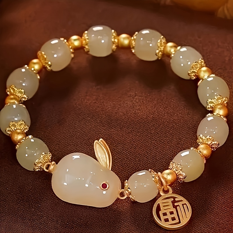 

1pc Cute Bunny Charm Glass Bead Bracelet - Fashion Jewelry, Cultural Gift For Women, Red And White, Suitable For 15+