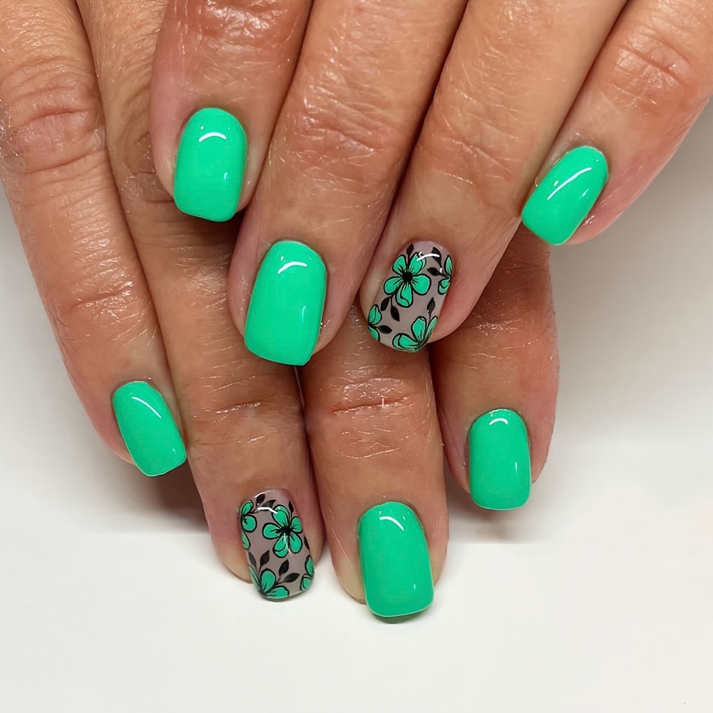 

24pcs Short Square Green Floral Press-on Nails - Vibrant Lime Green With Black , Glossy , Easy To Apply & Remove, Fashion Accessories | Vibrant Nail Color | Removable Nails