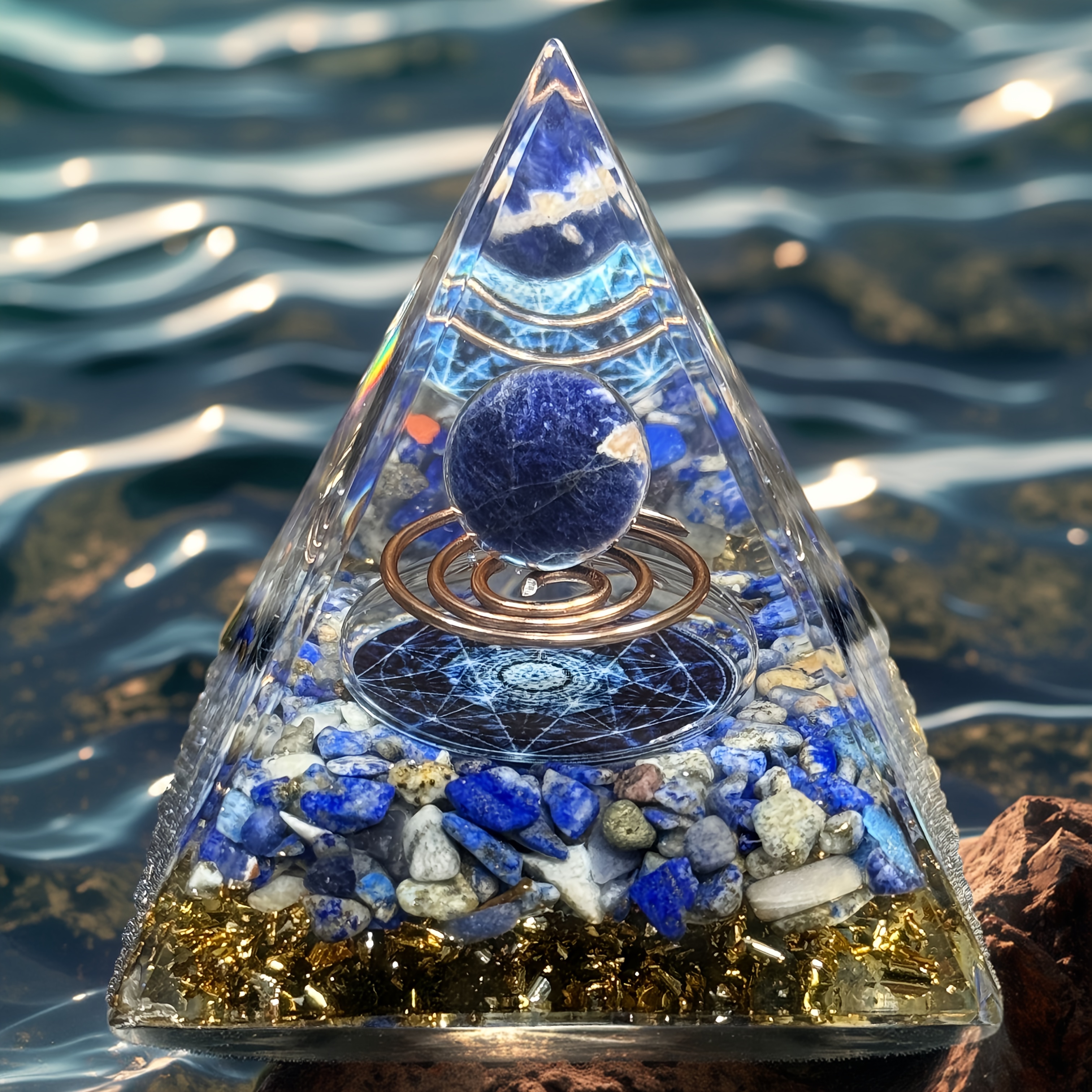 E-shop 5-cm/1,97-Zoll Lapis---Pyramide, aus Lapis--Kugeln Lapis-, umgeben von Kupferdraht, blaue Wohnungsdekoration, Urlaubsgeschenke,